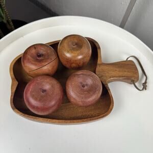 Vintage Carved Wooden Fruit Lot of 5 With Tray Mid-Century Modern Wood Cottage